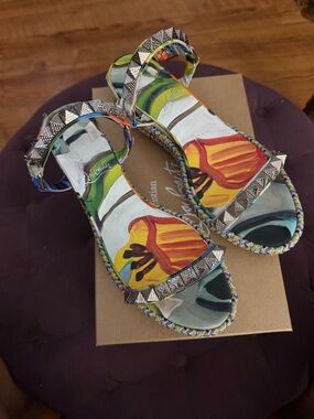 Christian Louboutin Pyraclou Wedge. Multicolor Floral Studded Sandals